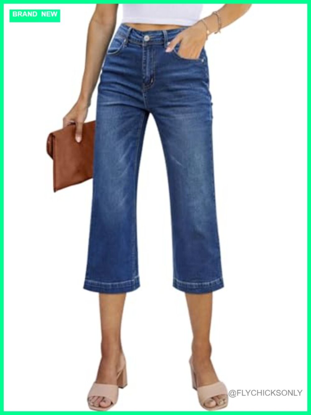 High Waisted Wide Leg Capri Jeans Stretchy Denim Loose Fit Cropped Pants